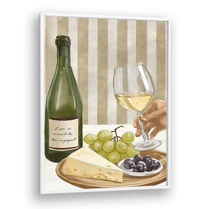 Elegant kitchen scene with wine, cheese, and grapes, embodying the essence of LIFE IS MEANT TO BE ENJOYED, KITCHEN POSTERS.