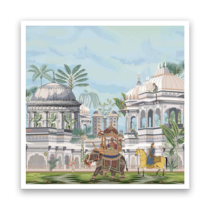 Royal Procession Amidst Majestic Palaces and Verdant Palm Trees