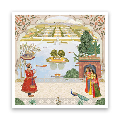 Royal Audience in a Majestic Courtyard Overlooking Serene Waters