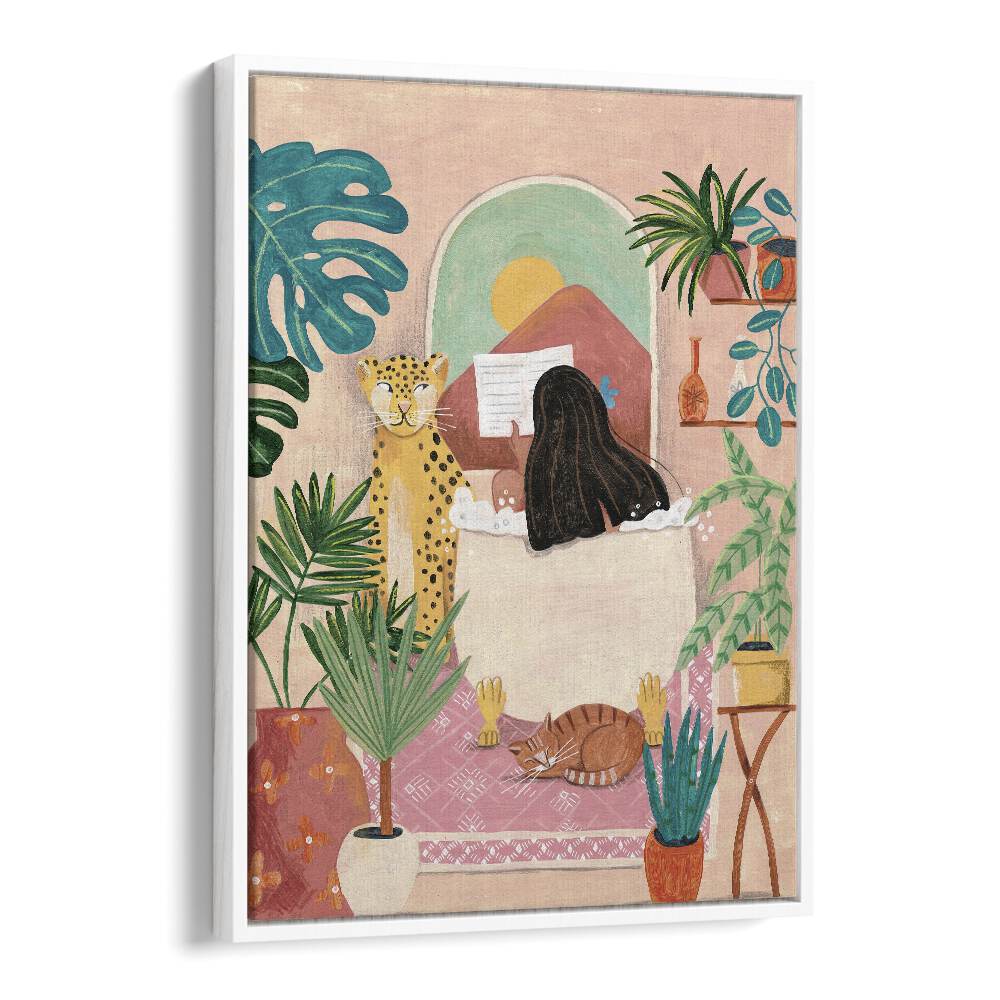 Relaxing woman in pink tropical bathroom, showcasing serene beauty in WOMAN BATHROOM, PORTRAITS by Caroline Bonne Muller.