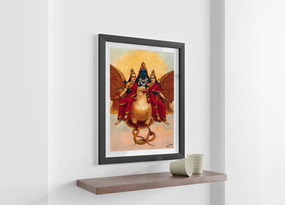 Vishnu accompanied by his wives riding on Garuda by Raja Ravi Varma Wall Art Painting