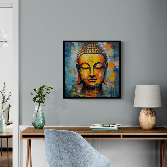 Vivid Buddha Portrait Against a Dynamic Abstract Background