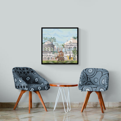 Royal Procession Amidst Majestic Palaces and Verdant Palm Trees