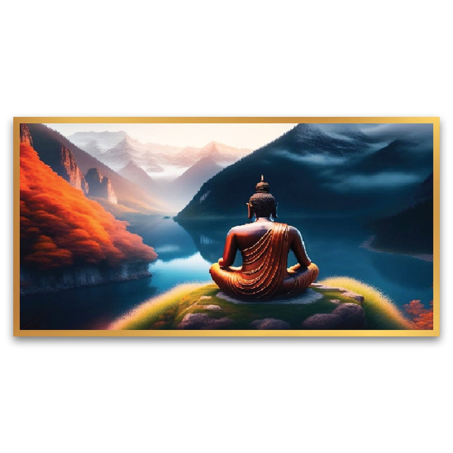 Buddha Sitting on a Rock Overlooking a Lake Floating Frame Canvas Wall Painting