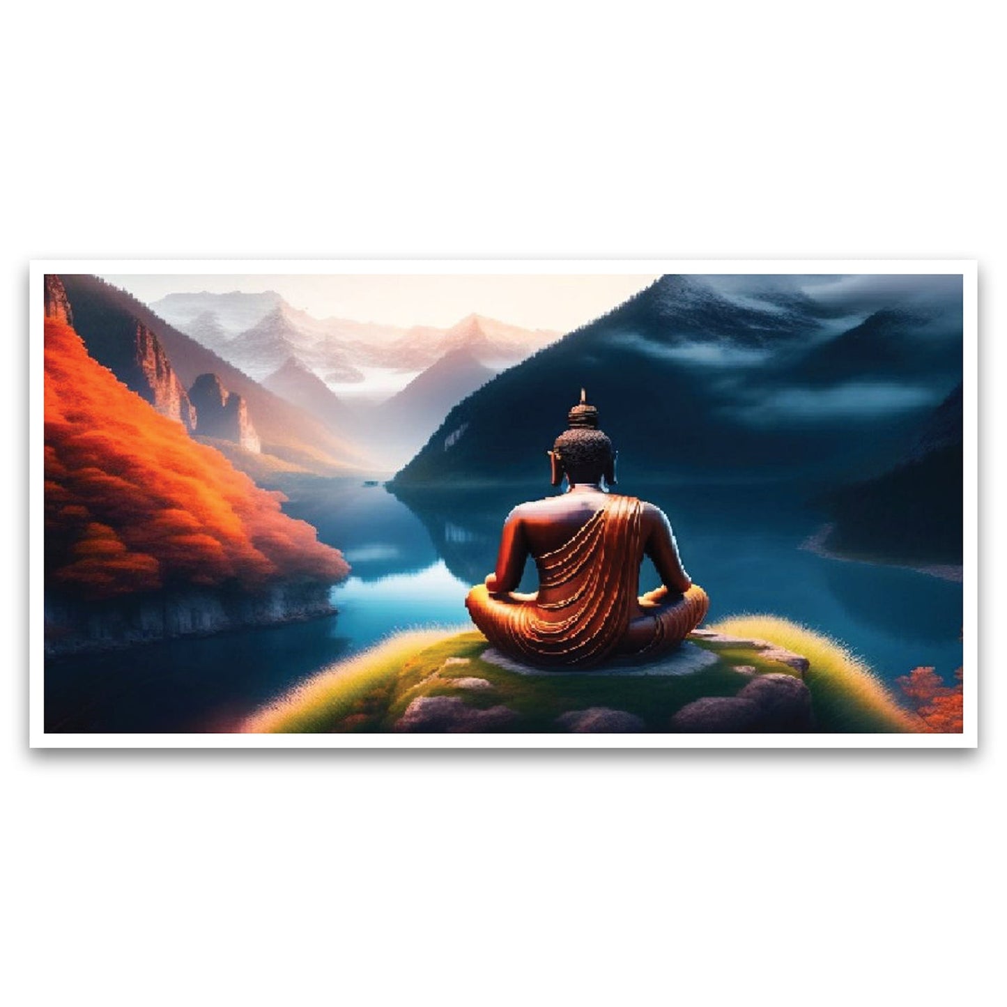 Buddha Sitting on a Rock Overlooking a Lake Floating Frame Canvas Wall Painting