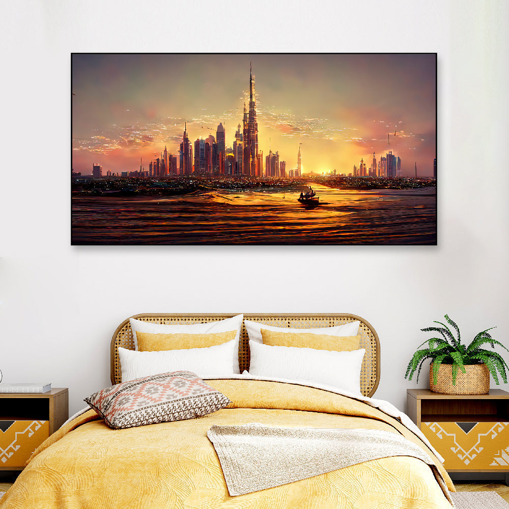 Dubai Amazing City Center Skyline with Luxury Skyscrapers Floating Frame Landscape Canvas Wall Painting