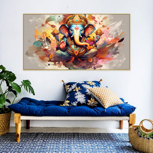 Divine Vighnaharta Lord Ganesha Canvas Floating Frame Landscape Canvas Wall Painting