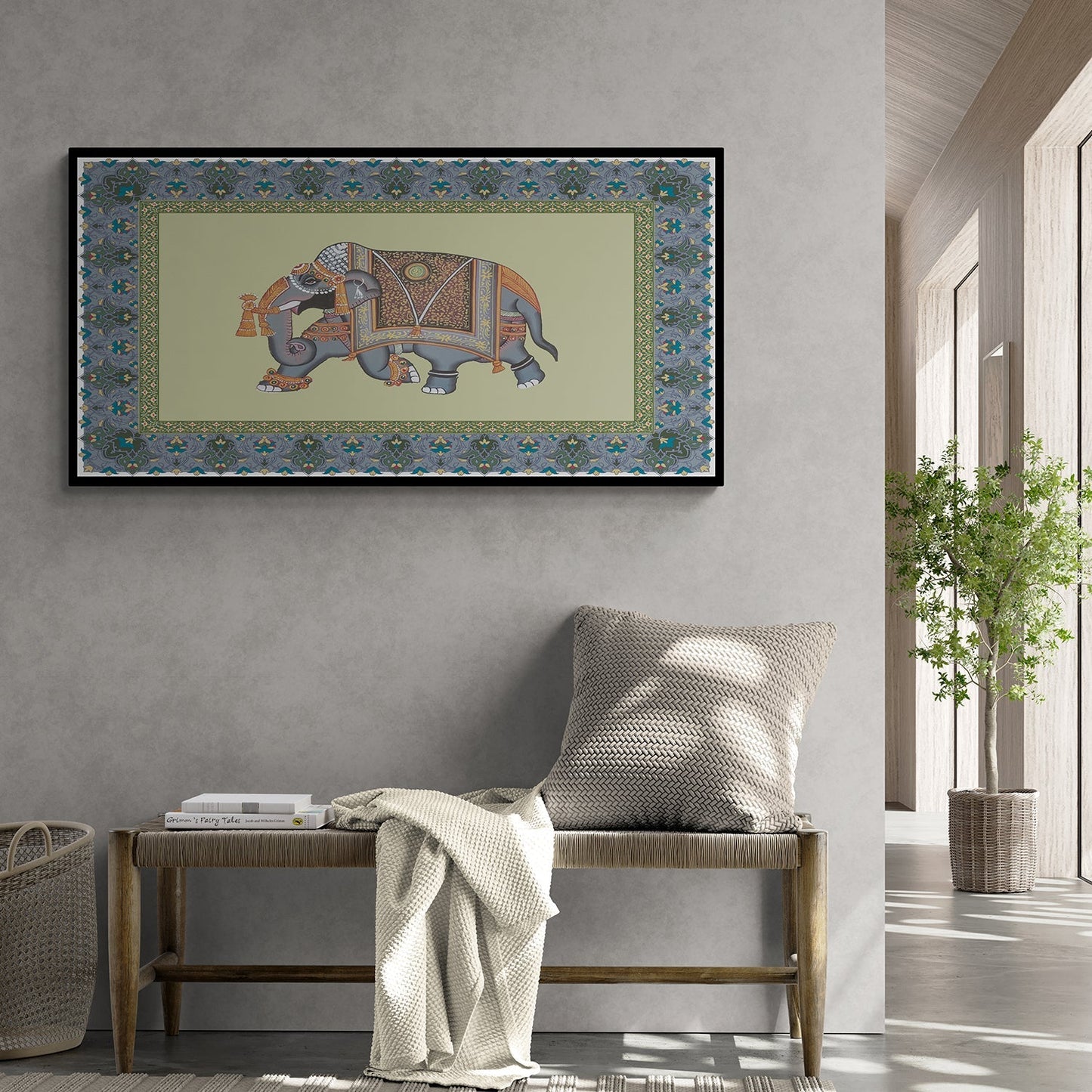 Traditional Indian Elephant elephant painting with Orated Border