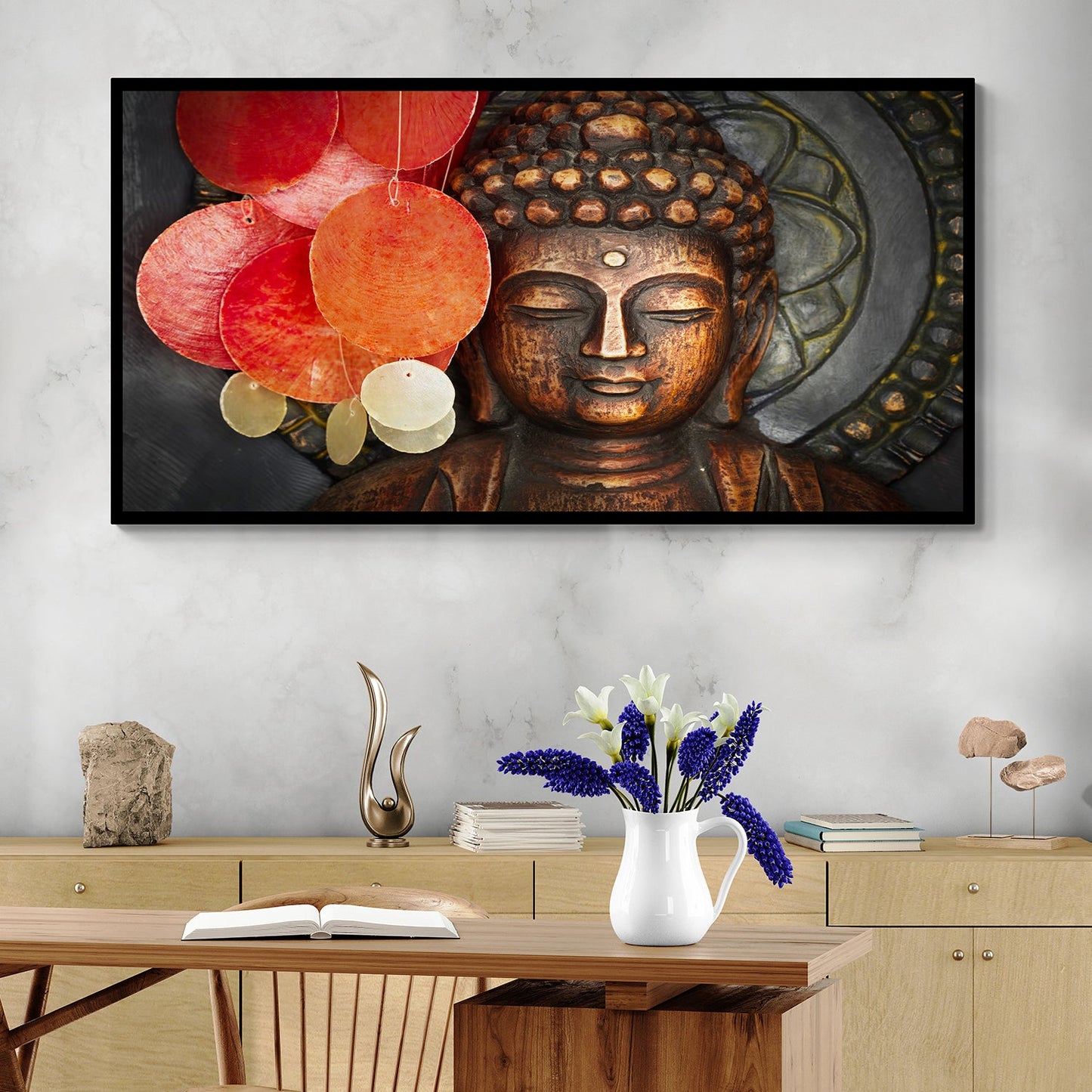Serene Harmony Buddha and Red Lantern Wall Art