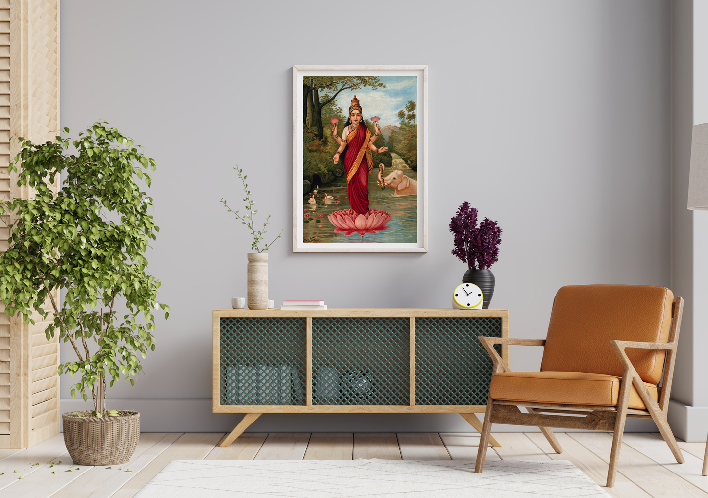 Lakshmi on her Lotus by Raja Ravi Varma Wall Art Print for Home Decor