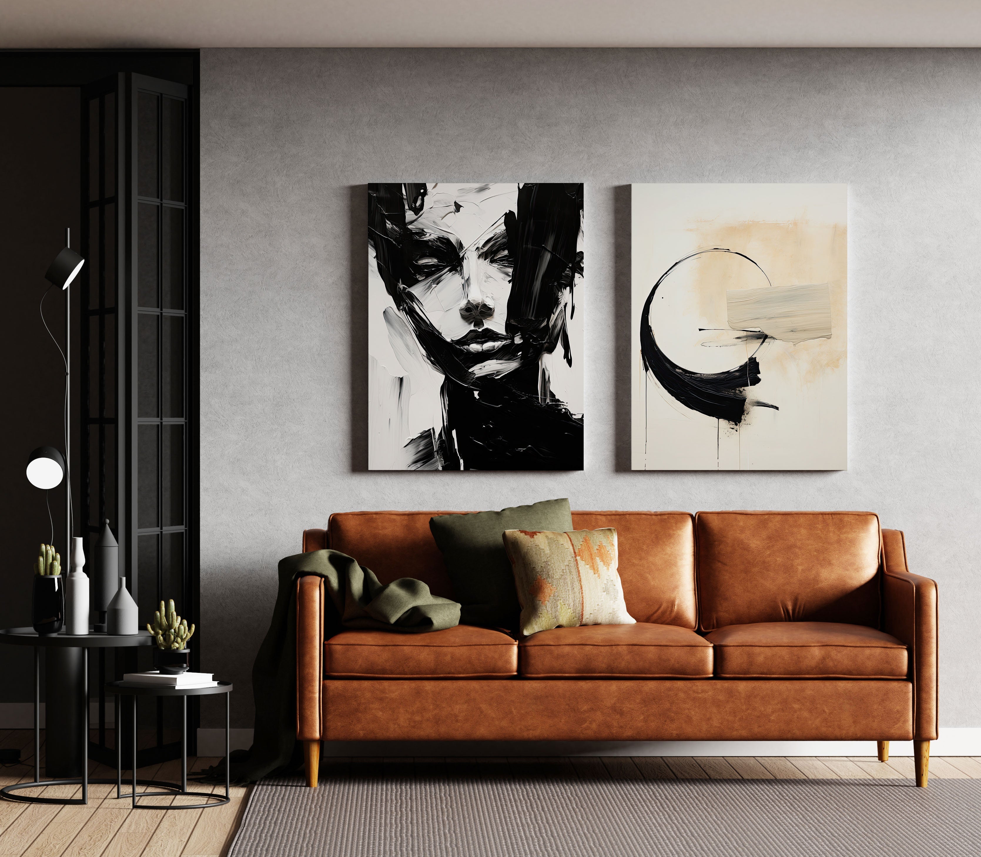 Bold Black and White Abstract Portrait & Brush Art – Wall Art Set of 2