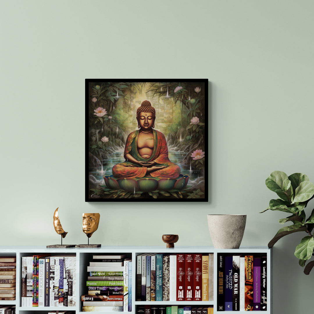 Buddha Meditating by Tranquil Waters with Blossoming Lotus Surroundings