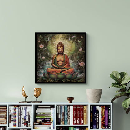 Buddha Meditating by Tranquil Waters with Blossoming Lotus Surroundings