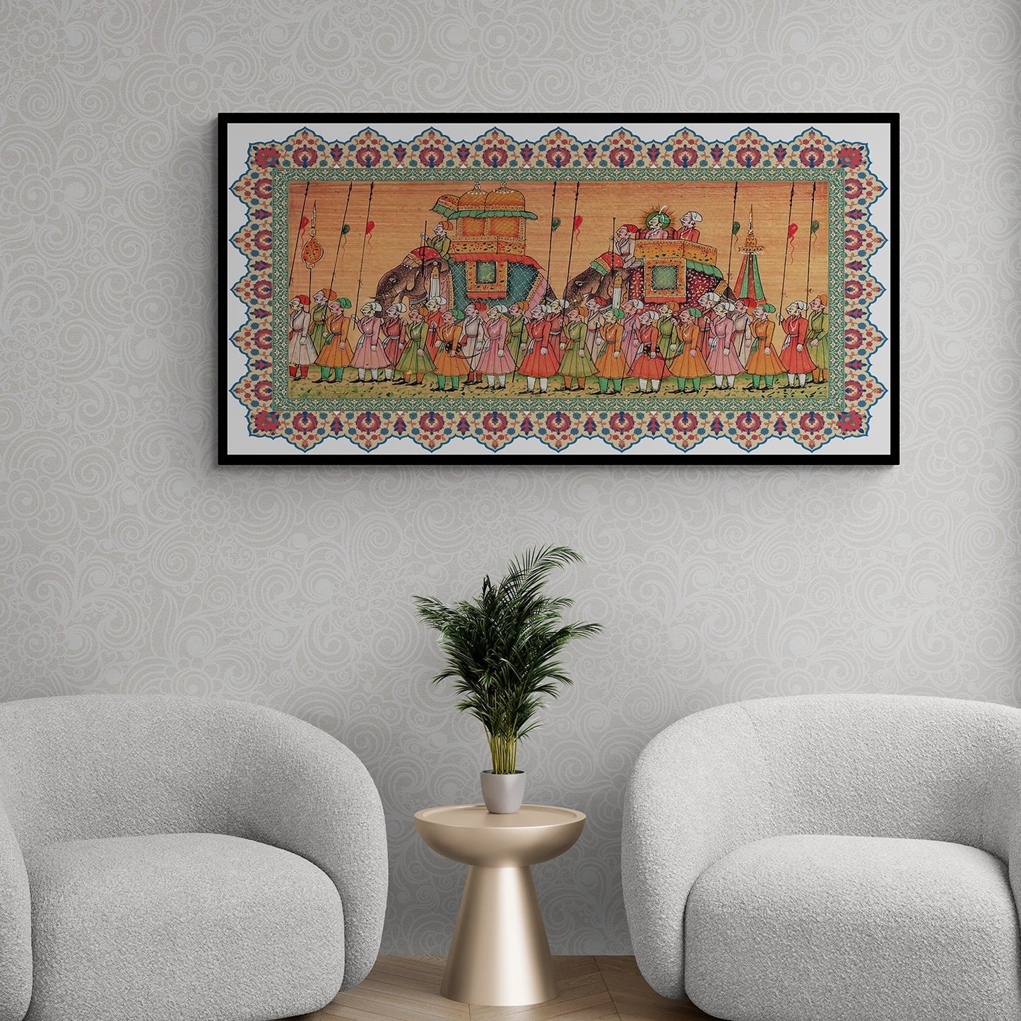 Traditional Indian Elephant Procession Painting - Intricate Mughal Art painting