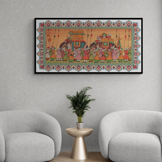 Traditional Indian Elephant Procession Painting - Intricate Mughal Art painting