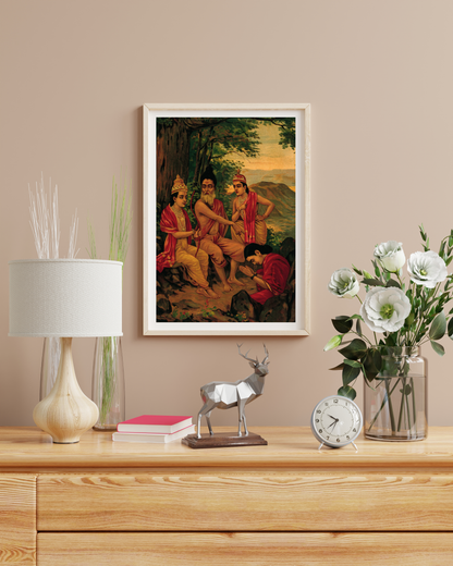 Ahalya the nymph being released from a curse by Rama and Lakshman by Raja Ravi Varma Wall Art