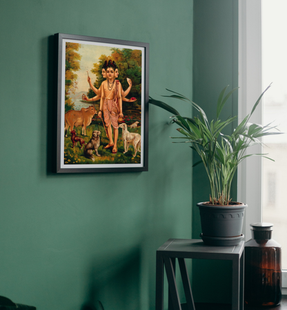 Dattatreya with his four dogs and cow by Raja Ravi Varma Home Wall Art