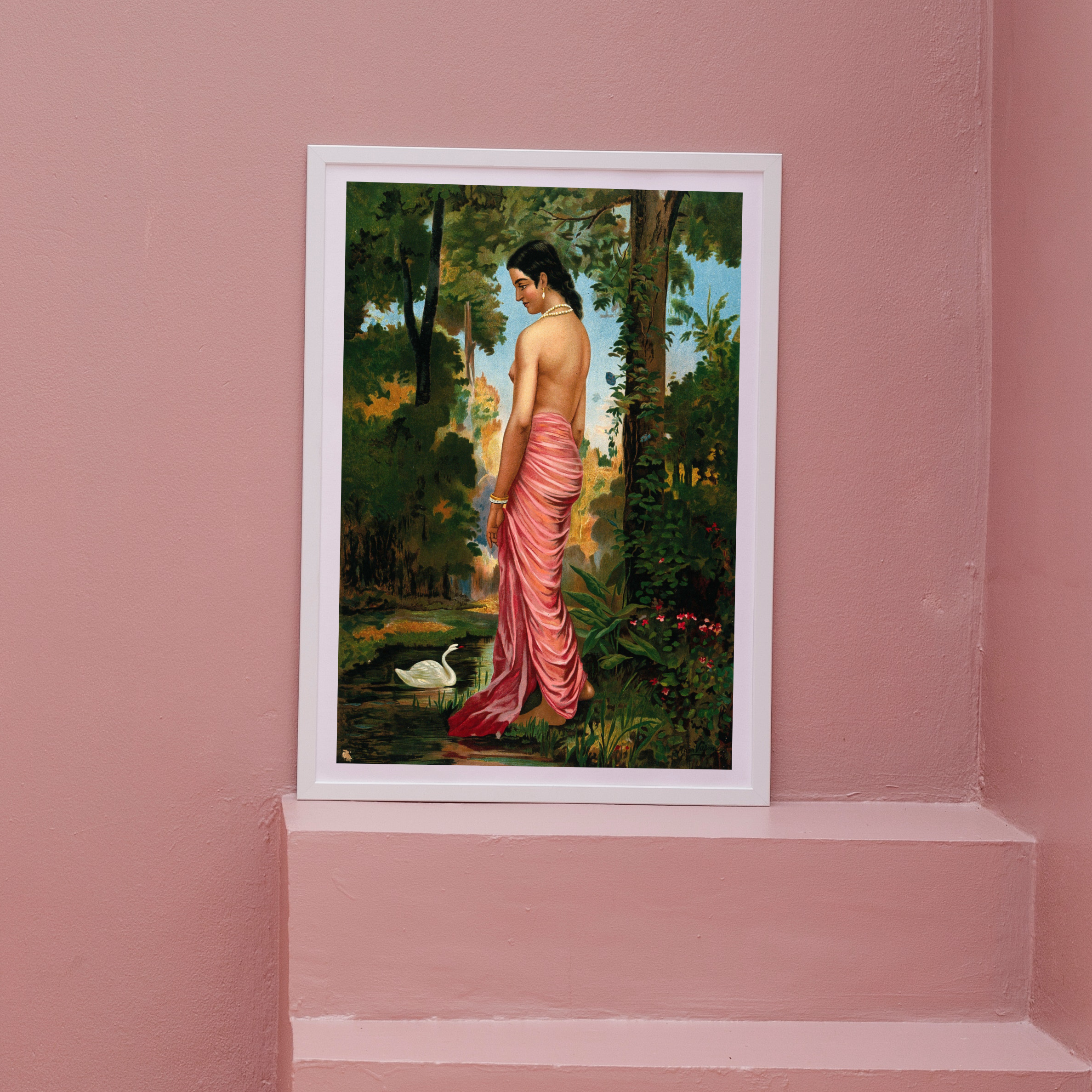Semi-clothed woman by a river bank called Varini by Raja Ravi Varma Wall Art  for Decor