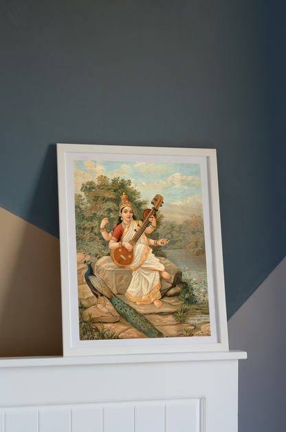 Goddess Sarasvati by Raja Ravi Varma Wall Art Print for Home Decor