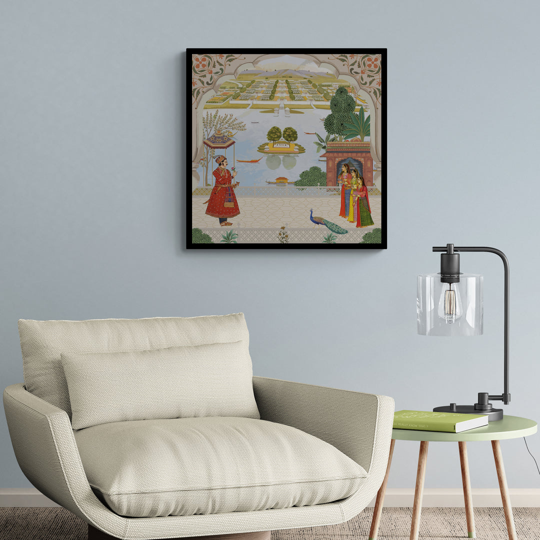 Royal Audience in a Majestic Courtyard Overlooking Serene Waters