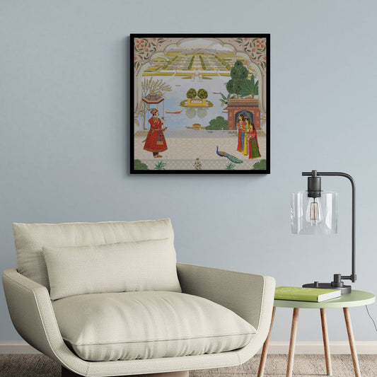 Royal Audience in a Majestic Courtyard Overlooking Serene Waters